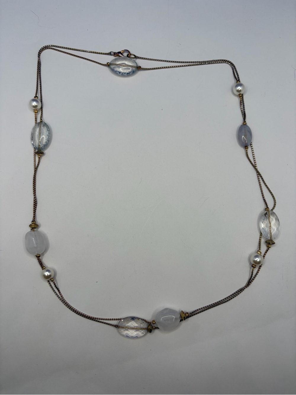 Long Clear Bead Faux Pearl Mixed Metal Station Necklace